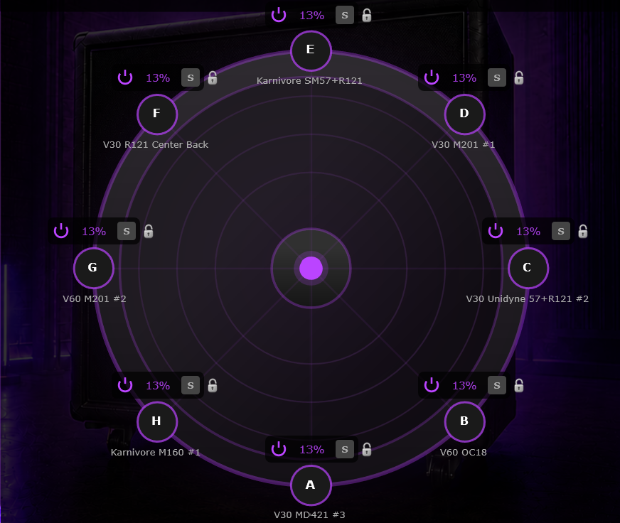 8-slot IR blender XY pad with eight microphone captures around a central morph point